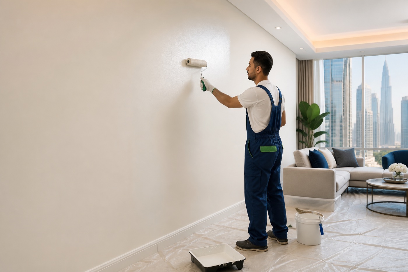 Professional painter applying fresh paint in a modern Dubai apartment