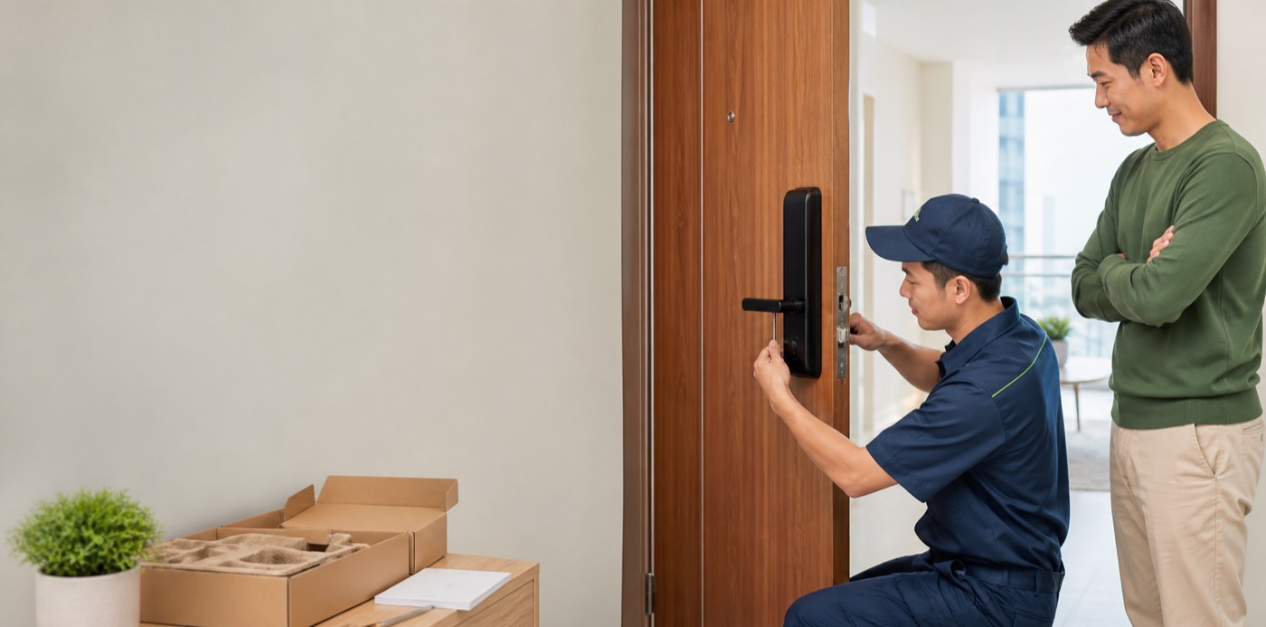 Professional technician installing a digital smart lock in a modern home
