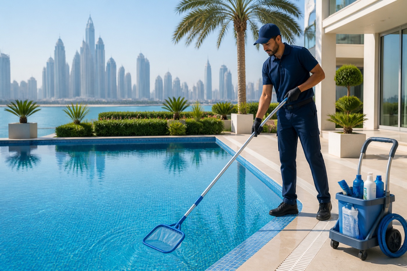 Pool maintenance professional cleaning a swimming pool at a Dubai villa
